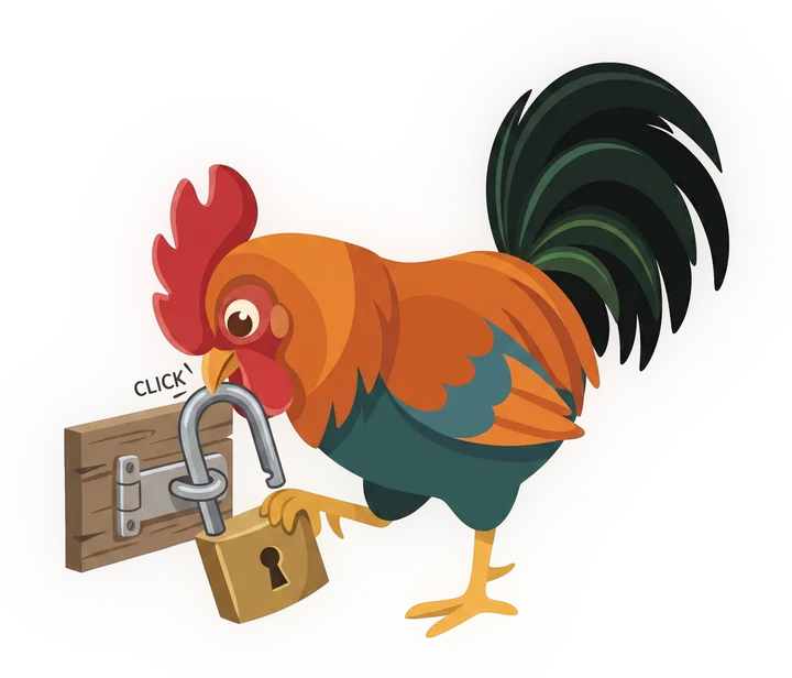 Roosta the rooster clicking a padlock shut