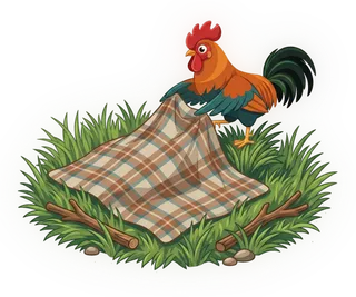 Roosta the rooster doing the Touch Grass mission
