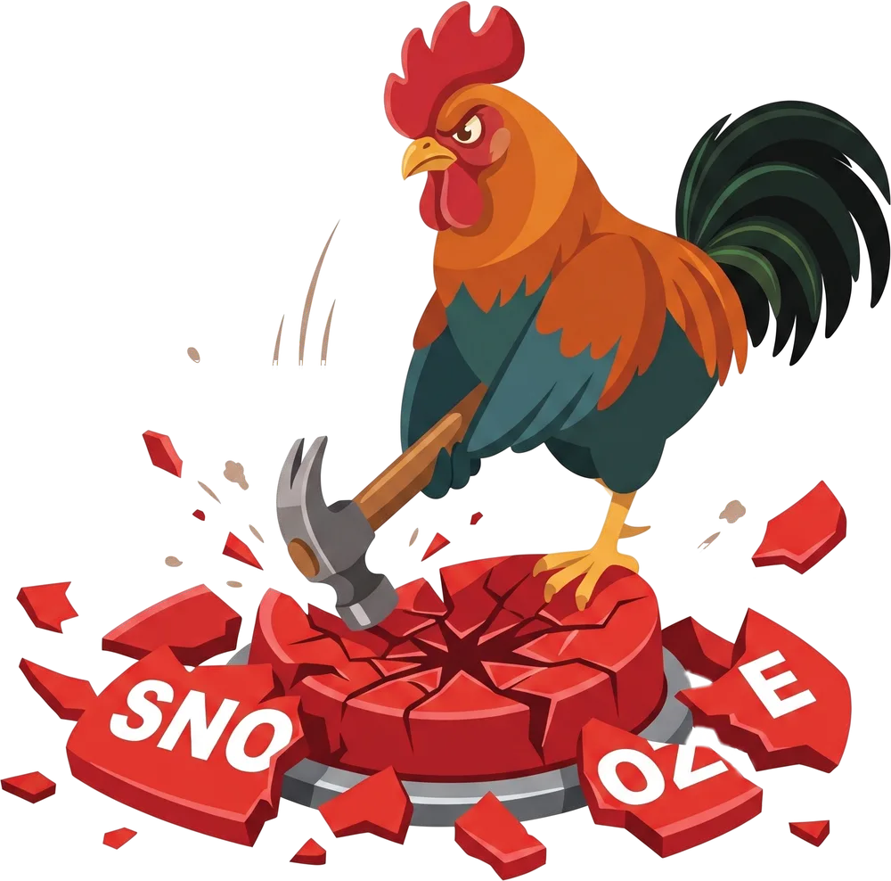 Roosta the rooster standing on a smashed snooze button, hammer in hand