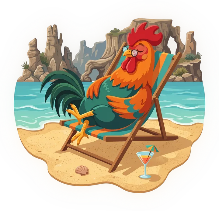 Roosta the rooster in a deck chair on a beach