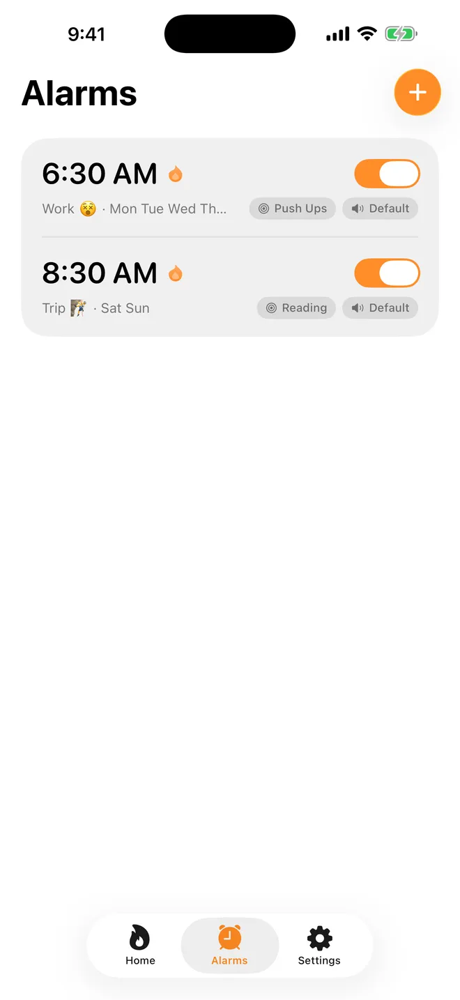 Roosta on iPhone — alarms screen