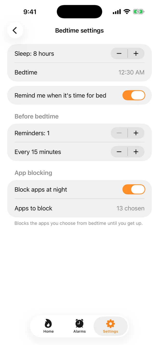 Roosta on iPhone — bedtime screen