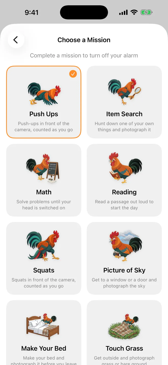 Roosta on iPhone — missions screen