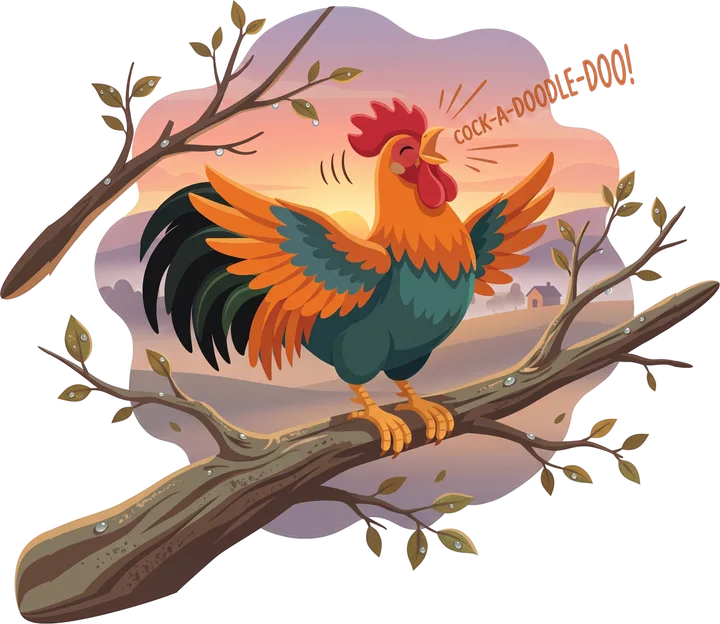 Roosta the rooster crowing on a branch at sunrise